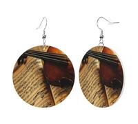 1 Pair Round Leather Earring for Women Violin and Book Print Leather Earring Hooks Suitable for Party Daily Wear