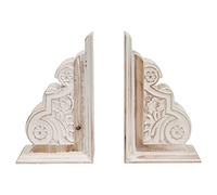 1 Pair Rustic Distressed Finish Wood Bookends, White Bookends Decorative Unique, Carved Pattern Farmhouse Book Ends for Shelves, Bookend for Heavy Books, Wooden Corbels for Home Room Decor