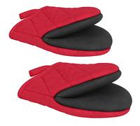 1 Pair Short Oven Mitts, Heat Resistant Silicone Kitchen Mini Oven Mitts for 500 Degrees, Non-Slip Grip Surfaces and Hanging Loop Gloves, Baking Grilling Barbecue Microwave Machine Washable (Red)