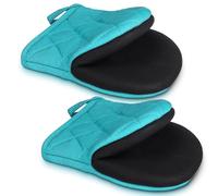 1 Pair Short Oven Mitts - Silicone Kitchen Oven Gloves High Heat Resistant 500℉, Mini Oven Mits with Non-Slip Grip Surfaces and Hanging Loop for BBQ, Baking, Cooking and Grilling (Coral Blue)