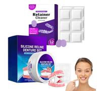 1 Pair Silicone Dentures, Silicone Reline Denture Set with 12 Pcs Purple Retainer Cleaner Tablets, Temporary Full Mouth False Teeth Veneers Top and Bottom for Men and Women