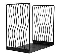 1 Pair Simple Black Metal Bookends, Wavy Line Hollowed Kids Nonskid Thickening Iron Book End Book Organizer L Shape Modern Geometric Design Bookend for Desk Shelves Library School Office Home Decor