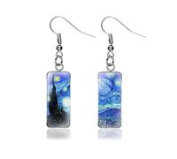 1 Pair Vintage Jewellery,Starry Night Painted Earrings,Blue Stainless Novelty Funky Art Dang Drop Gifts,Handmade Dangling Rectangle Glass Quirky Earing Gaueiour,Unique Gift for Fashion Women Jewelry