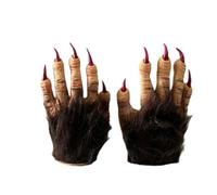1 Pair Werewolf Claws Gloves Latex Beast Monster Paw Gloves with Long Fur & Red Nails Scary Furry Costume Hand Gloves for Adults Halloween Cosplay Haunted House Theme Party Stage Performance