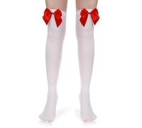 1 Pair White Stockings for Women,Thigh High Socks Over Knee Red Bow Long Christmas Black Highs Sock Halloween Womens Sexy Socks Accessories Stocking Cozy Valentine's Adult Lace Silk Opaque,for Gifts