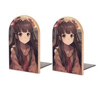1 Pair Wood Handmade Book Ends Little Woman in Anime Bookends Non-Skid Decorative Bookends Book Stopper Book Shelf Holder for Shelves Heavy Books