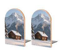 1 Pair Wood Snowy Cabin Smoke Book Ends with Metal Base for Shelf