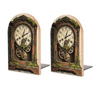 1 Pair Wood Woodcut Clock Gear Book Ends with Metal Base for Shelf