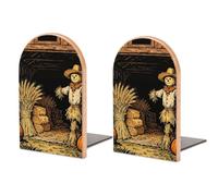 1 Pair Wood Woodcut Harvest Barn Book Ends with Metal Base for Shelf
