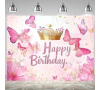 1 pancarta decorativa de cumpleaños princesa de hadas mariposas rosas y guirnaldas adecuada para fiestas de cumpleaños - 300x200CM