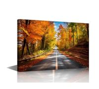 1 Panel Canvas Asphalt Road Home Decor Wall Art Autumn Scenery Paintings Forest Road Pictures Fallen Leaves Artwork Office Home Decor for Living Room Framed Gallery-Wrapped Ready to Hang, 16x24inch