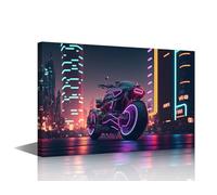 1 Panel Canvas Print Art Set Futuristic Style Motorbike or Big Bike with Neon Light Cityscape Posters Modern Wall Art for Bedroom Living Room Wall Decorative, Ready to Hang, 24"Wx16"H