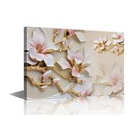 1 Panel Canvas Wall Art 3D Flowers Wall Paintings Golden Branches and Pink Peach Flower Pictures Print on Canvas Artwork for Home Hotel Office Decorative Framed Ready to Hang, 36" Wx24 H