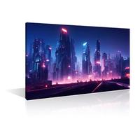 1 Panel Canvas Wall Art Cyberpunk Futuristic City Panorama Picture for Living Room Multi Panel Prints Kitchen Artwork Modern Painting House Decor Framed Gallery-wrapped Ready to Hang, (24" Wx36 H)