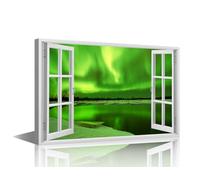 1 Panel Canvas Wall Art for Bedroom Northern Lights Wall Paintings for Living Room 3D Fake Windows Office Modern Decor Alaska Aurora Borealis Pictures Print On Canvas Framed, 24x16in