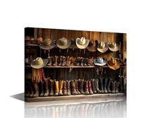 1 Panel Canvas Wall Art Wooden Shelf with Cowboy Hats and Boots Pictures Print on Canvas for Living Room Bedroom Bathroom Wall Decorations, Stretched Framed Ready to Hang, 36" Wx24 H