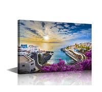 1 Panel European Coastal Towns Wall Art Decor Large Canvas Print Picture Sunset Scenery Modern Painting Artwork for Office Wall Decor Home Decoration Stretched and Framed Ready to Hang 16x24inch