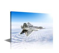 1 Panel Framed Wall Art Military Airplane Fighter Jet Aircraft Flying High Above Cloudscape Landscape Against Blue Clouds Sky Picture Prints on Canvas for Living Room Decoration, 18" Wx12 H