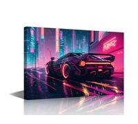 1 Panel Framed Wall Art Supercar Racing Through a Cyberpunk City Picture Prints on Canvas Wall Decor for Living Room Bedrooms, Stretched and Framed Gallery-Wrapped Ready to Hang, 18" Wx12 H
