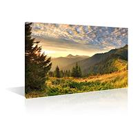 1 Panel Golden Sunset Over Mountains Canvas Wall Art Forest Natural Landscape Canvas Paintings Trees Wilderness Bathroom Decor Wall Art Print on Canvas Framed Ready to Hang (12" Wx18 H)