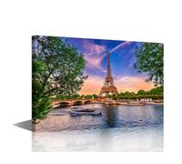 1 Panel Large Wall Art Paris Eiffel Tower and River Seine at Sunset in Paris, France Pictures Print on Canvas for Home Hotel Office Decorations, Landscape Artwork Ready to Hang, 36" Wx24 H