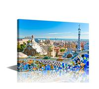1 Panel Large Wall Art Park Guell in Barcelona, Spain Pictures Print On Canvas for Living Room Bedroom Decoration, Modern Art City Artwork Wooden Framed Ready to Hang, 36" Wx24 H