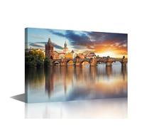 1 Panel Large Wall Art Prague - Charles bridge, Czech Republic Pictures Print On Canvas for Living Room Bedroom Decoration, Modern Art Landscape Artwork Framed Ready to Hang, 36" Wx24 H
