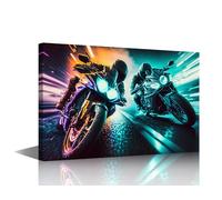 1 Panel Large Wall Art, Racing Cyberpunk Motorcycles Down a Road in a City with Neon Lights Pictures Print on Canvas for Home Wall Decorations, Stretched and Framed Ready to Hang, 36"Wx24"H