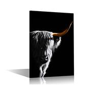 1 Panel Nature Wildlife Highland Cattle Black and White Wall Art Posters and Prints Funny Animal Highland Cow Yellow Horns Pictures Wall Decoration for Living Room Framed Ready to Hang (12"Wx18"H)