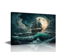 1 Panel Old Sail Ship Wall Art, Old Sail Ship Braving the Waves of a Wild Stormy Sea at Night Pictures Print On Canvas for Living Room Office Decoration, Ready to Hang, 24" Wx16 H
