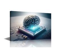 1 Panel Wall Art Brains and Computer Chips Poster on Canvas Framed Wall Art Future Technology Wall Decoration for Living Room Bedroom, Stretched Framed Ready to Hang, 36"Wx24"H