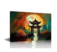 1 Panel Wall Art for Living Room, Asian Style Pavilion in Beautiful Garden at Night Time with Full Moon Picture Prints on Canvas for Living Room Bedroom Wall Decoration, 18"Wx12"H