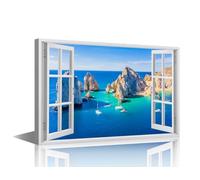 1 Panel Wall Art Seascape Painting Print On Canvas 3D Window View Pictures for Bedroom Home Decor Bay Modern Artwork Ocean Stretched By Wooden Framed Ready to Hang, 36x24in