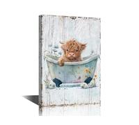 1 Panel Wood Board Wall Art Bathtub Animal Highland Cow Canvas Paintings Office Decor Highland Cattle Soaking in a Bathtub Wall Decor for Bathroom Posters & Prints Framed Ready to Hang (24"Wx36"H)