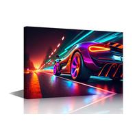 1 Panels Canvas Print Art Set Supercar Wall Art for Living Room Decoration, Speeding of a Neon Supercar on a Night Road Posters and Prints, Framed Gallery-Wrapped Ready to Hang, 18"Wx12"H