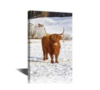 1 Panels Farm Animal Pictures Posters Wall Art Scottish Highland Cattle Canvas Art Wall Decor Snow Scenery Living Room Wall Decor Modern Artwork Stretched and Framed Ready to Hang (12"Wx18"H)