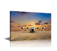 1 Panels Framed Wall Art Military Aircraft on the Runway During Sunset Picture Prints on Canvas Artwork for Office Home Hotel Wall Decorations, Wooden Framed Ready to Hang, 18" Wx12 H