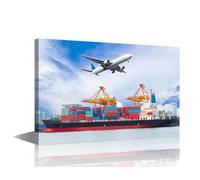 1 Panels Modern Canvas Wall Art Cargo Plane Flying Above Ship Port for Logistic Import Export Print On Canvas for Home Decorations, Transport Artwork Ready to Hang, 24" Wx16 H