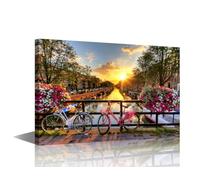 1 Panels Modern Canvas Wall Art Flowers and Bicycles on the Bridge in Spring, Netherlands Print On Canvas for Home Decorations, Landscape Artwork Framed Ready to Hang, 24"Wx16"H