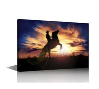 1 Panels Modern Wall Art Cowboy Rearing his Horse at Sunset Pictures Print on Canvas for Home Office Wall Decorations, Stretched Framed Gallery-Wrapped Ready to Hang, 24"Wx16"H