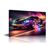 1 Panels Modern Wall Art Speeding of a Neon Supercar on a Night Road Pictures Print on Canvas for Home Wall Decorations, Stretched and Framed Gallery-Wrapped Ready to Hang, 24"Wx16"H