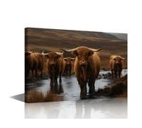 1 Panels Scottish Highland Cattle in a River Picture Livestock Animal Portrait Farmhouse Wall Decor Canvas Print Bathroom Painting Cattle Artwork Kitchen Living Room Nursery Home (12"Wx18"H)