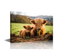 1 Panels Wall Art for Bedroom a Couple of Cows Standing on Top of a Grass Covered Field Picture Animal Farmhouse Wall Decor Canvas Print Home Living Room Bathroom Painting Artwork (12"Wx18"H)