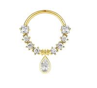 1 PC 16G Gold Diameter 10mm Elegant Dangle Nose Septum Ring 316L Stainless Steel with Clear Drop-Shaped CZ Hinged Segment Ring Cartilage Earrings Hoop Helix Tragus Piercing Jewerly for Women and Men