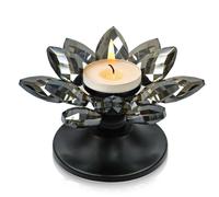 1 PC Black Crystal Flower Tea Light Holder, Glass Tealight Candlestick with Metal Base, Votive Candle for Table Centerpiece, Wedding/Parties Decor, Nice Gift