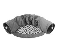 1 Pc Cat Tunnel Bed, 49.2 in Semi-Circular Gray Cat Bed Tunnel with Soft Plaid Cushion, Interactive Play Toy with Plush Balls for Indoor Cats, Cozy Sleeping Haven for Feline Friends