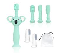 1 pc Cyan Silicone Baby Toothbrush with 4 Brush Heads, Food Grade Silicone Gum Massage Toothbrush for Tooth Cleaning, and 2 pcs Clear Finger Toothbrush and 1 Storage Bag