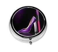 1 pc Small Pill Box 3 Compartment Portable Pill Case for Pocket Purse Pill Organizer Container Holder to Hold Vitamins Medication Fish Oil Supplements (Elegant Purple High Heels with Lipstick)