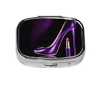 1 pc Small Pill Box 3 Compartment Portable Pill Case for Pocket Purse Pill Organizer Container Holder to Hold Vitamins Medication Fish Oil Supplements (Elegant Purple High Heels with Lipstick)