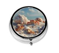 1 pc Small Pill Box 3 Compartment Portable Pill Case for Pocket Purse Pill Organizer Container Holder to Hold Vitamins Medication Fish Oil Supplements (Beach, Seashells, Crabs)